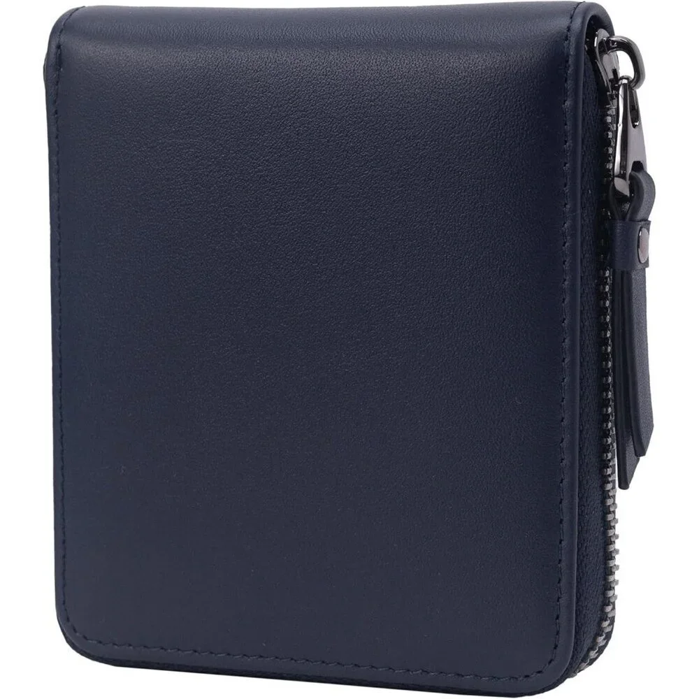 Men's Bifold Leather Dark Blue Wallets Card Slot Secure Zipper Closure Style